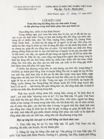 Lời kêu gọi Toàn dân ủng hộ đồng bào các tỉnh miền Trung và địa phương trong tỉnh khắc phục hậu quả thiên tai
