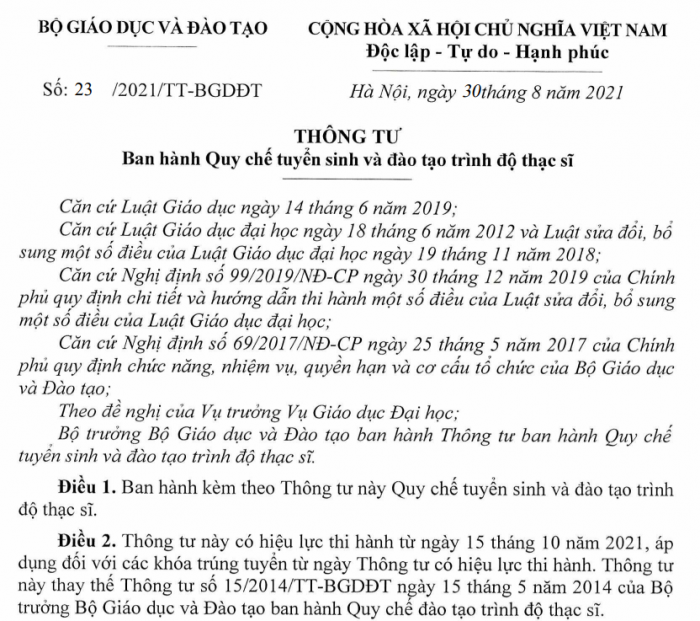 Quy chế mới về tuyển sinh và đào tạo trình độ thạc sĩ